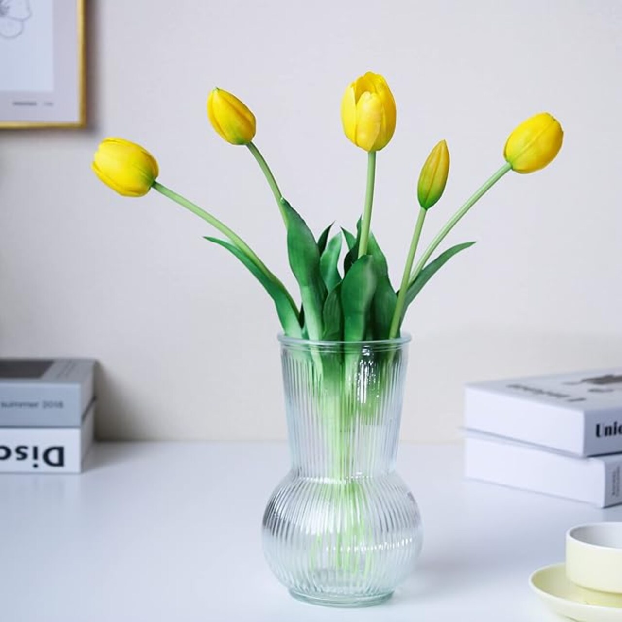 16-inch Premium Real Touch Fake Tulips, Artificial Flowers with Buds, Flexible Stem Easy to Shape, Faux Tulips (Vase Not Included), 5-Pack Lemonade Yellow, Spring Tabletop Decor